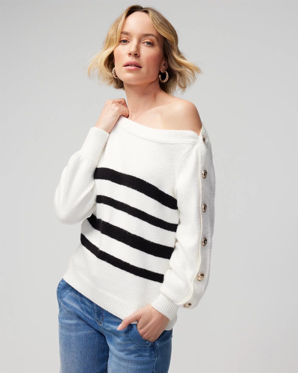 Stripe Asymmetrical Button Pullover Sweater